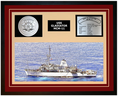 USS GLADIATOR MCM-11 Framed Navy Ship Display Burgundy