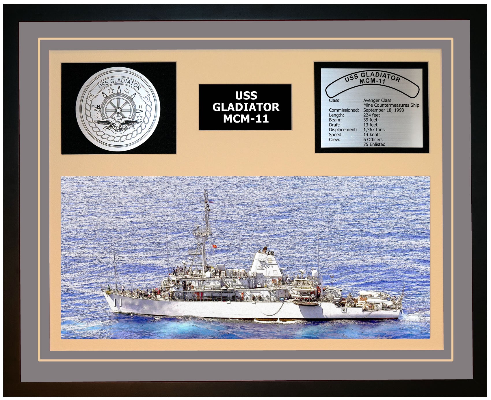 USS GLADIATOR MCM-11 Framed Navy Ship Display Grey