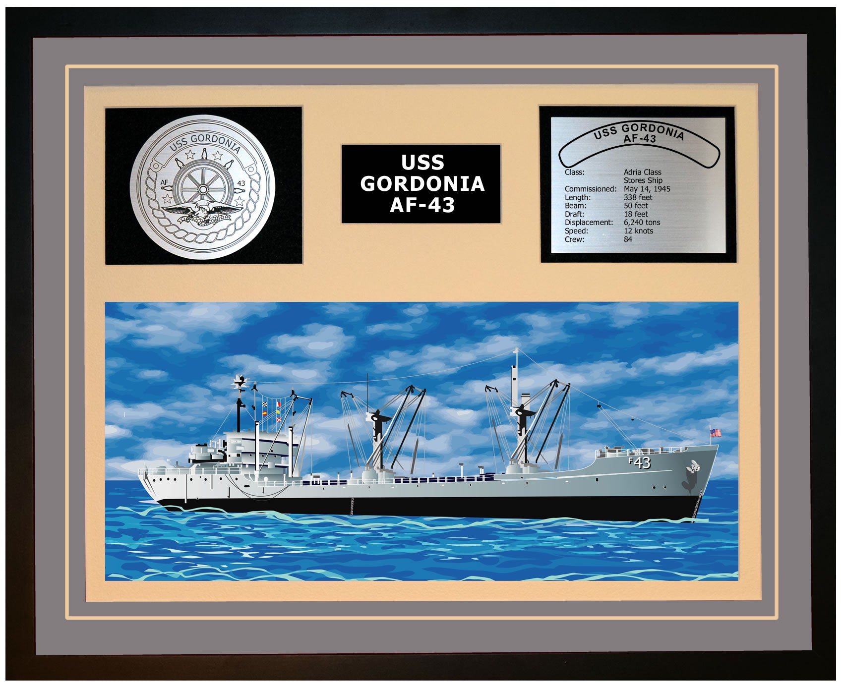 USS GORDONIA AF-43 Framed Navy Ship Display Grey