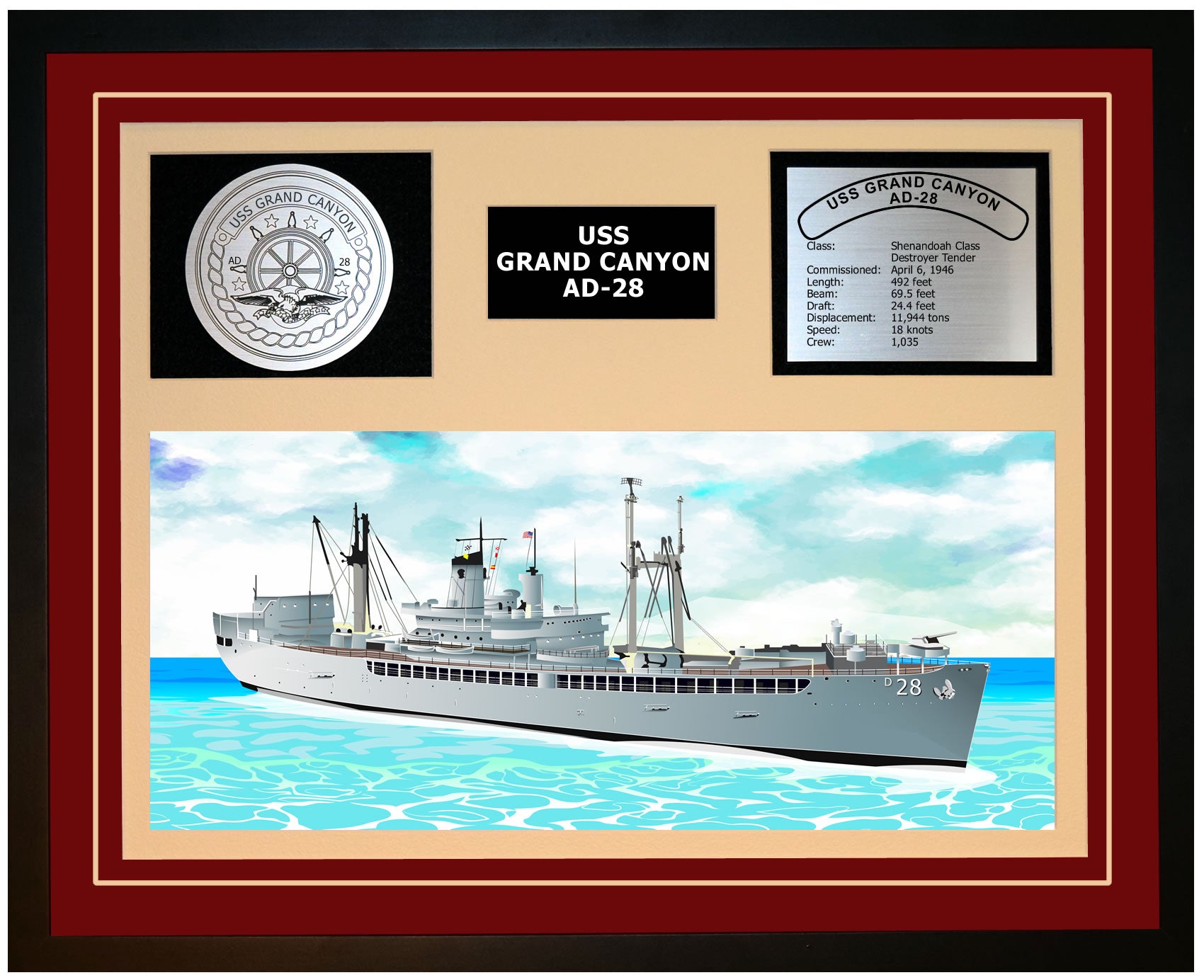 USS GRAND CANYON AD-28 Framed Navy Ship Display Burgundy