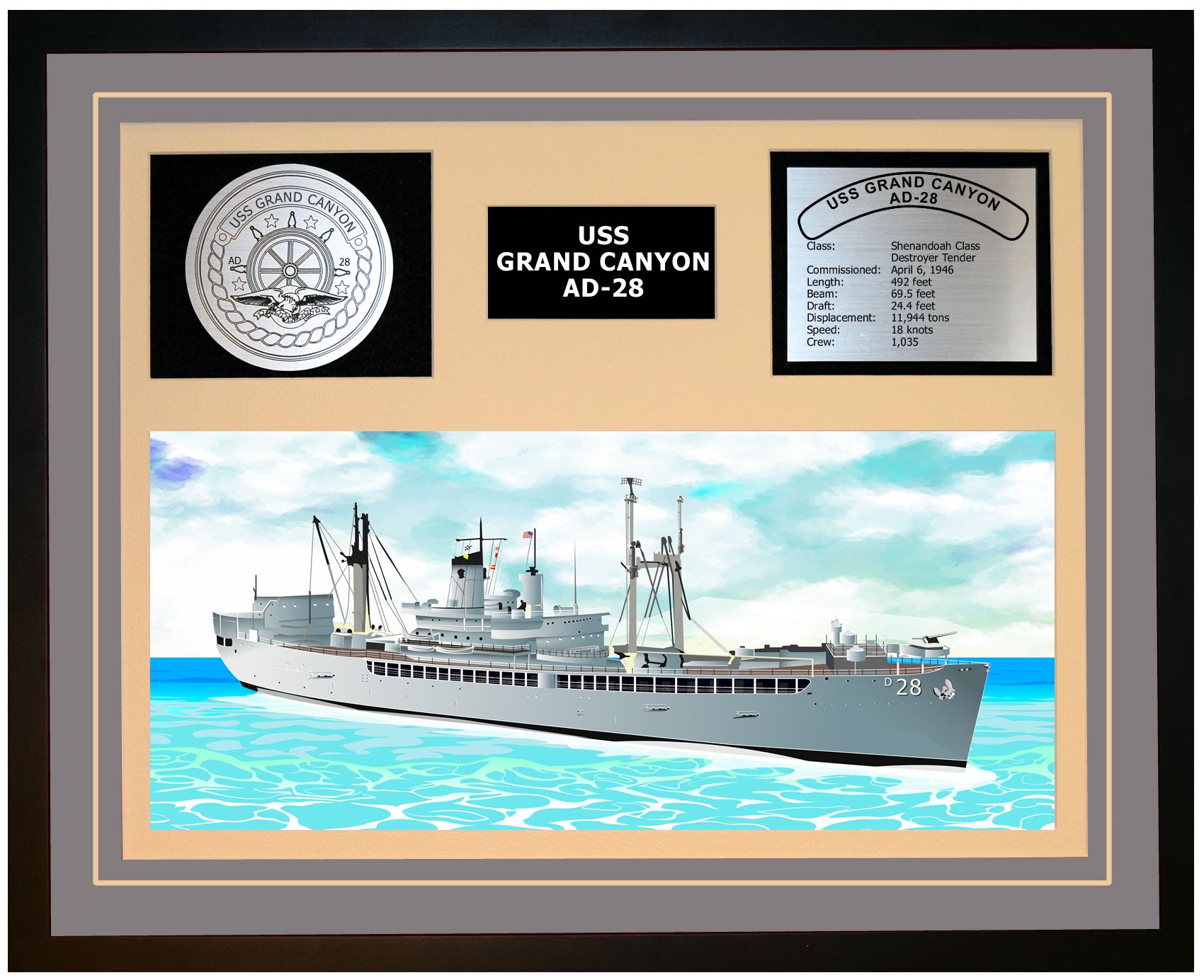 USS GRAND CANYON AD-28 Framed Navy Ship Display Grey