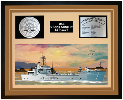 USS GRANT COUNTY LST-1174 Framed Navy Ship Display Brown