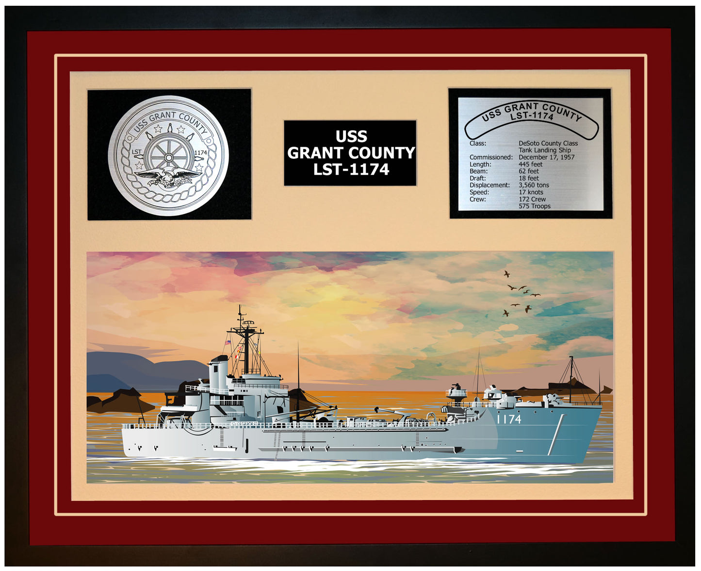 USS GRANT COUNTY LST-1174 Framed Navy Ship Display Burgundy