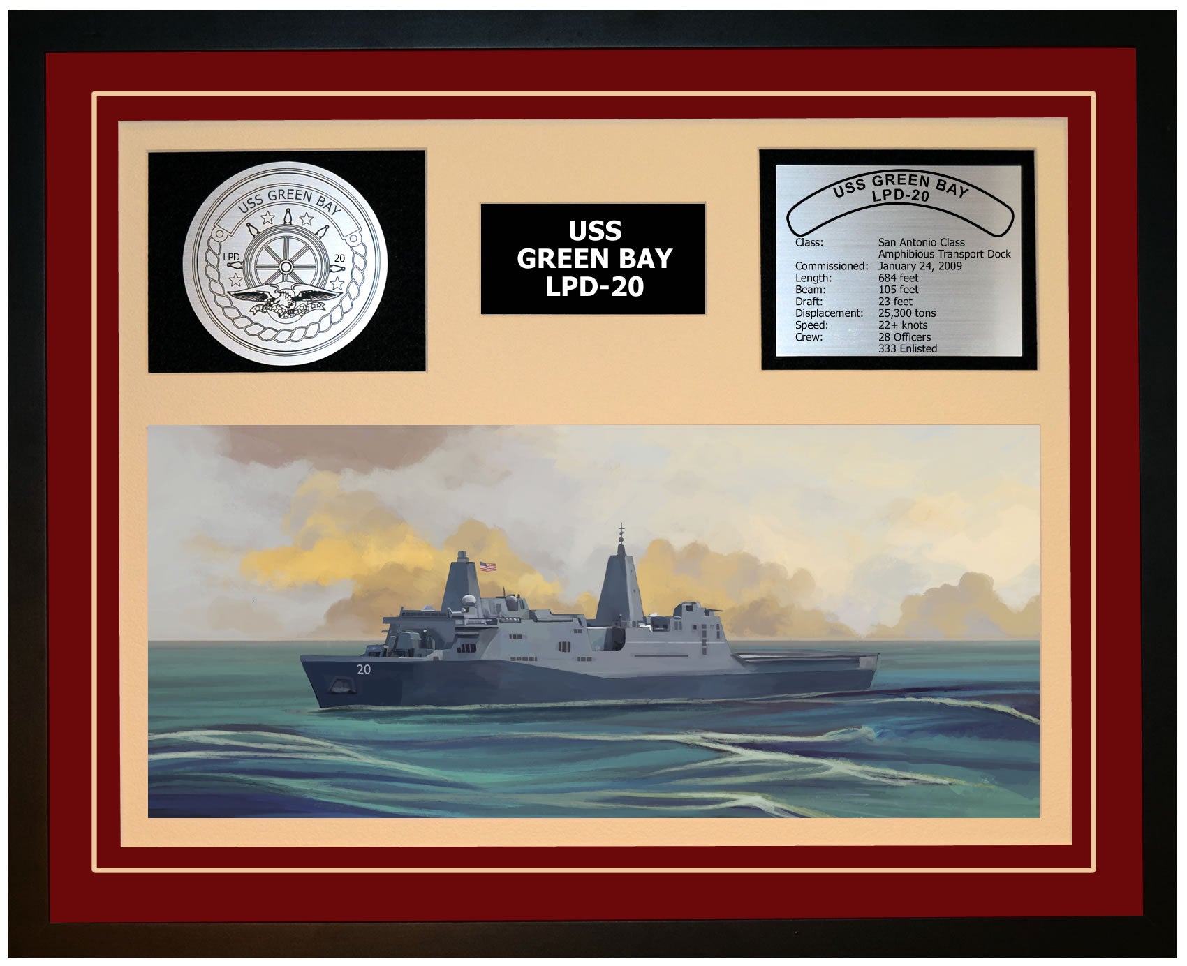 USS GREEN BAY LPD-20 Framed Navy Ship Display Burgundy