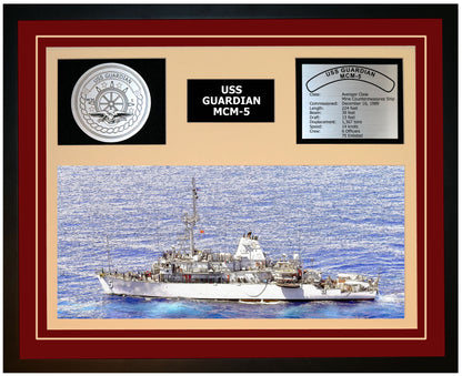 USS GUARDIAN MCM-5 Framed Navy Ship Display Burgundy