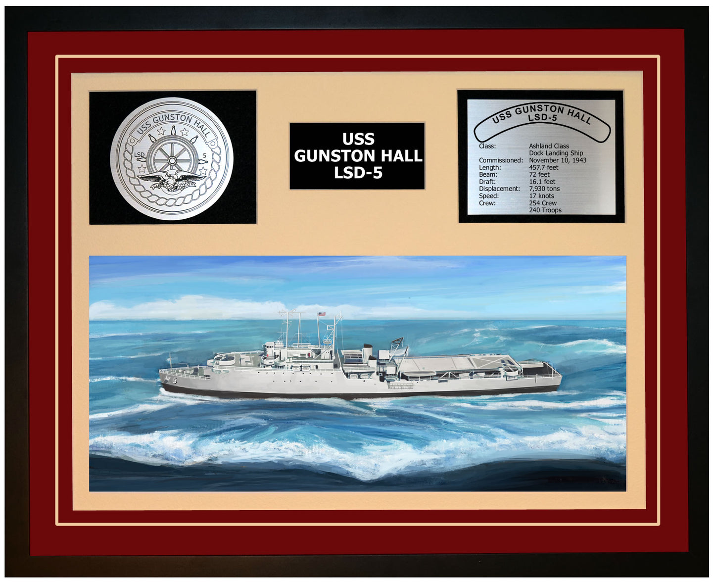USS GUNSTON HALL LSD-5 Framed Navy Ship Display Burgundy