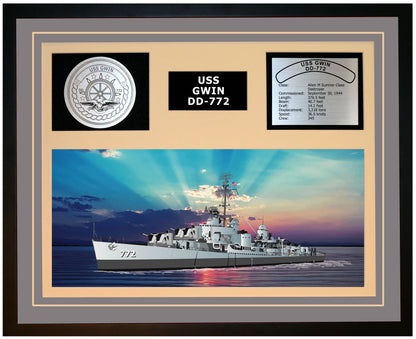 USS GWIN DD-772 Framed Navy Ship Display Grey