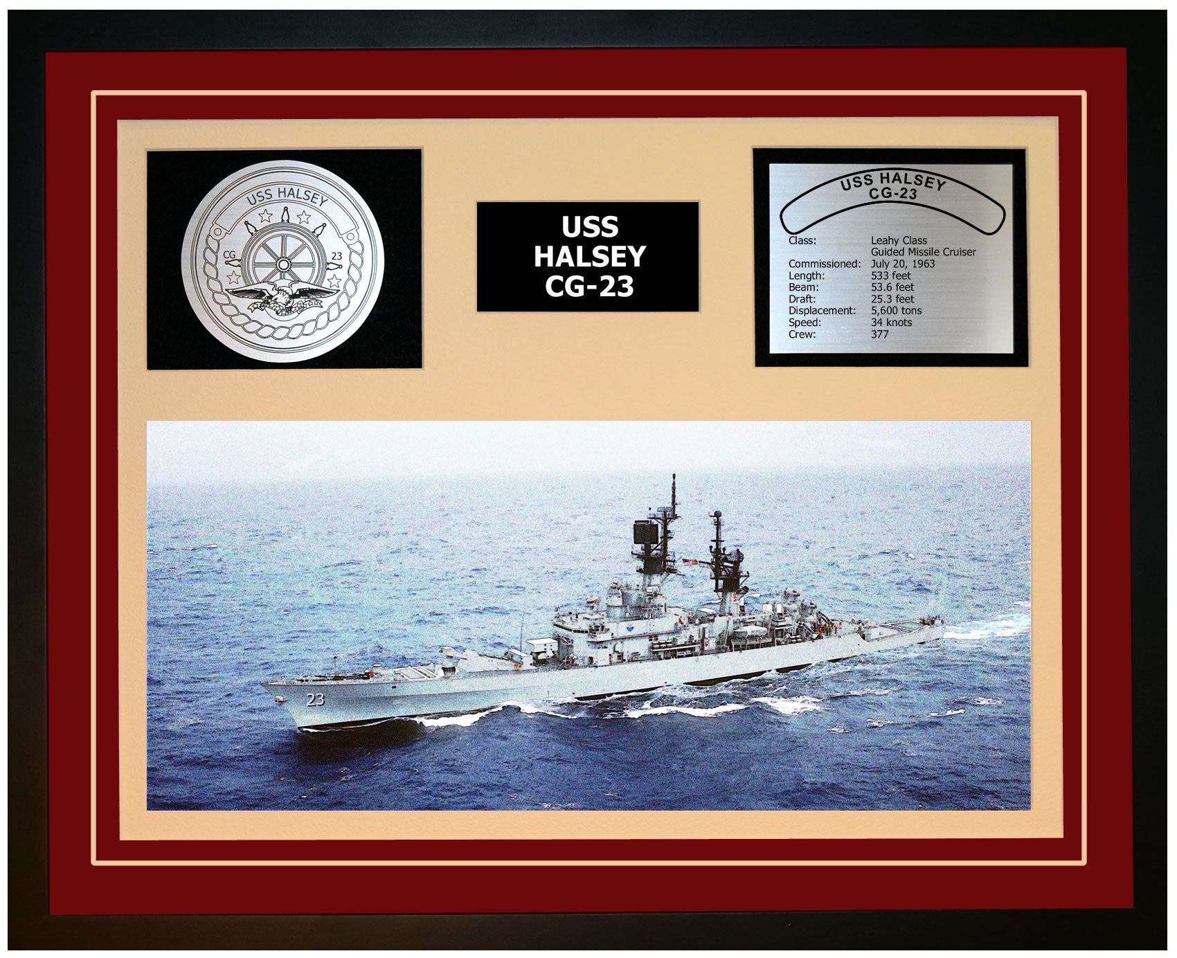 USS HALSEY CG-23 Framed Navy Ship Display Burgundy