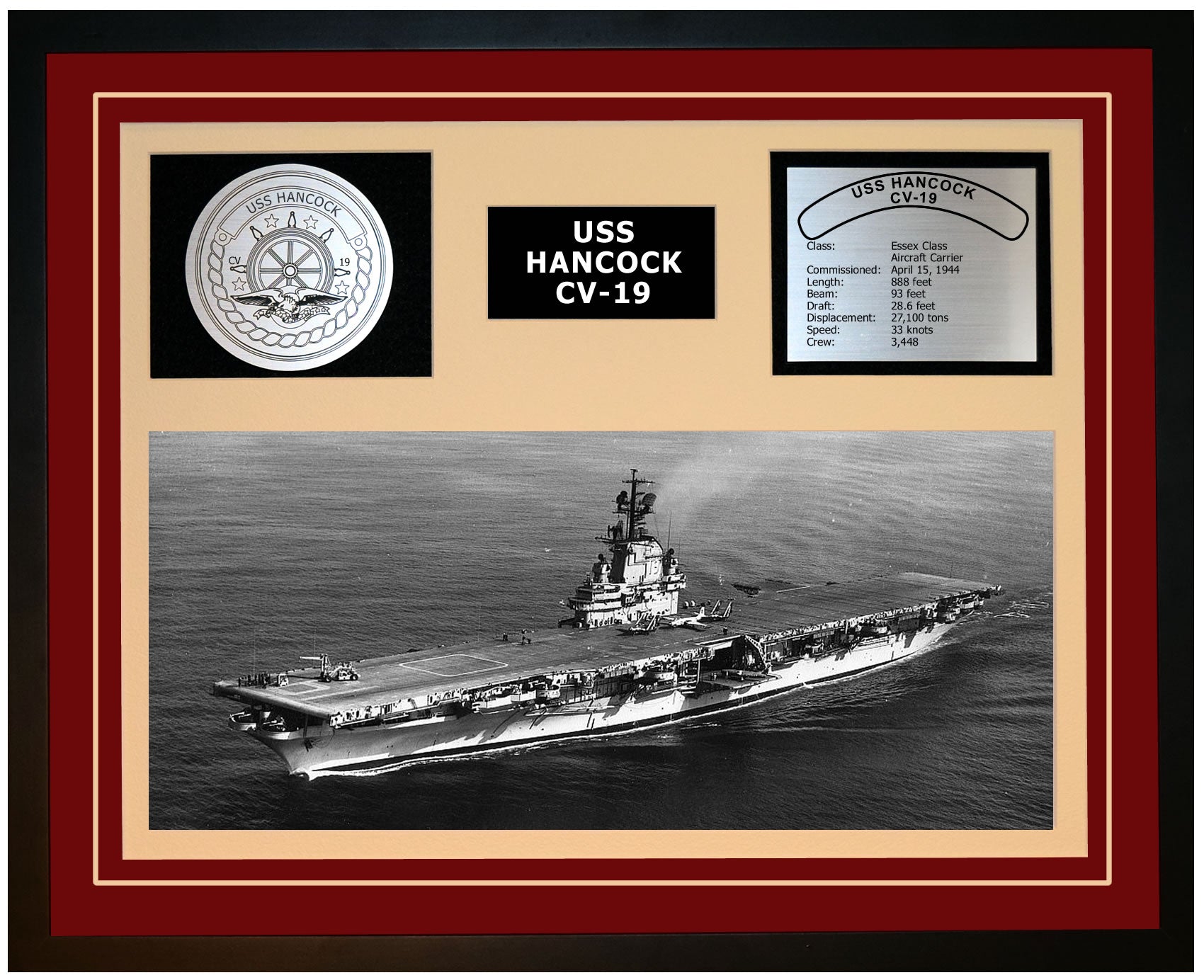 USS HANCOCK CV-19 Framed Navy Ship Display Burgundy