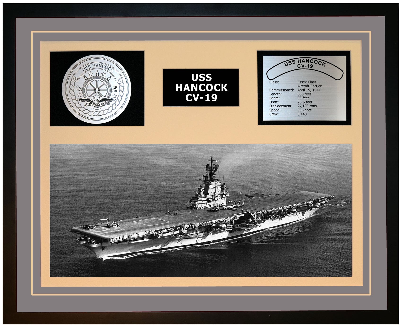 USS HANCOCK CV-19 Framed Navy Ship Display Grey