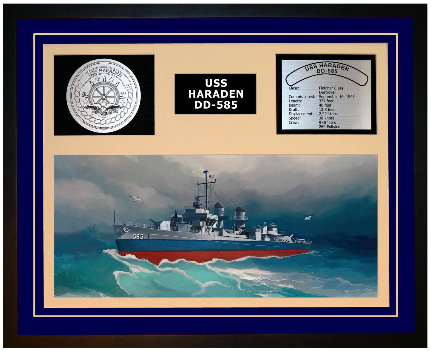USS HARADEN DD-585 Framed Navy Ship Display Blue