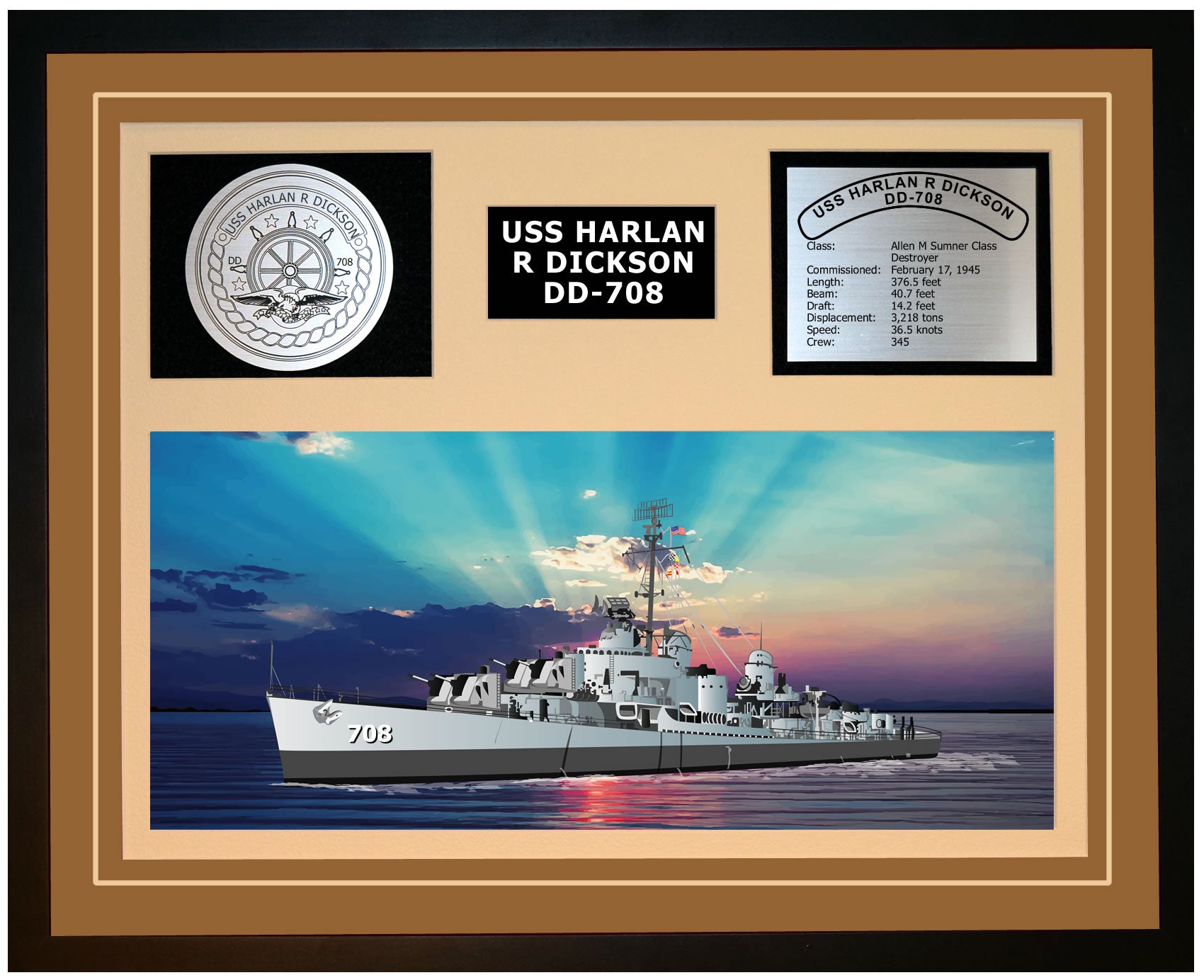 USS HARLAN R DICKSON DD-708 Framed Navy Ship Display Brown
