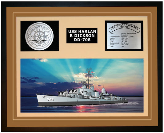 USS HARLAN R DICKSON DD-708 Framed Navy Ship Display Brown