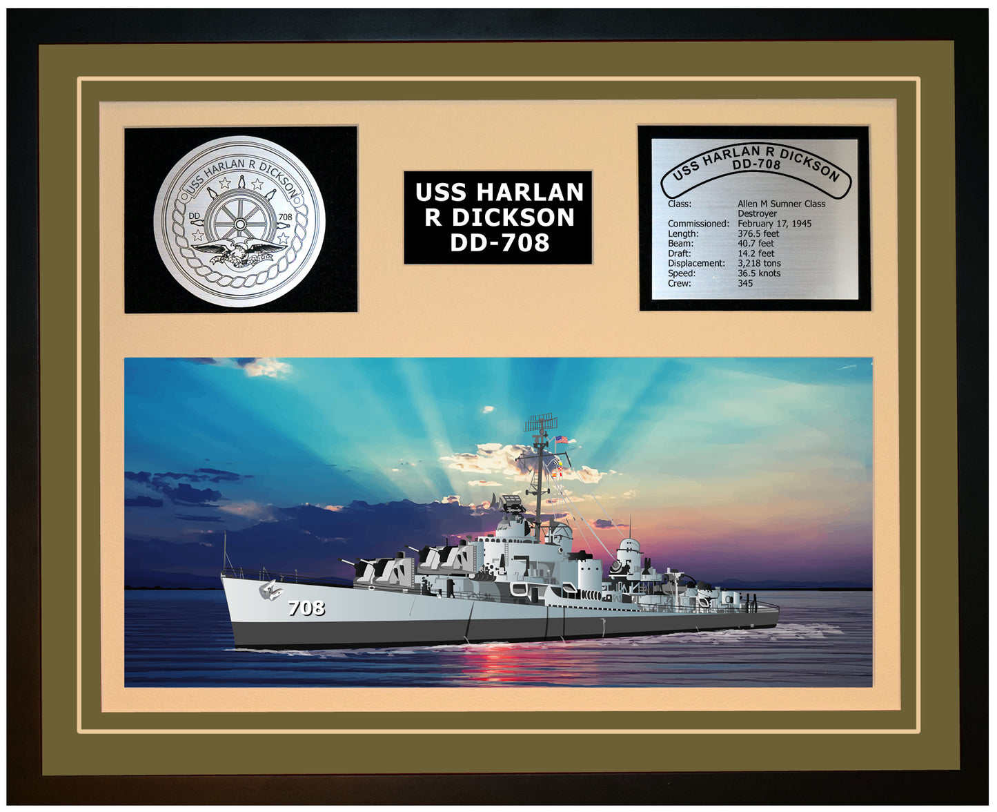 USS HARLAN R DICKSON DD-708 Framed Navy Ship Display Green