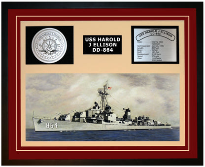 USS HAROLD J ELLISON DD-864 Framed Navy Ship Display Burgundy