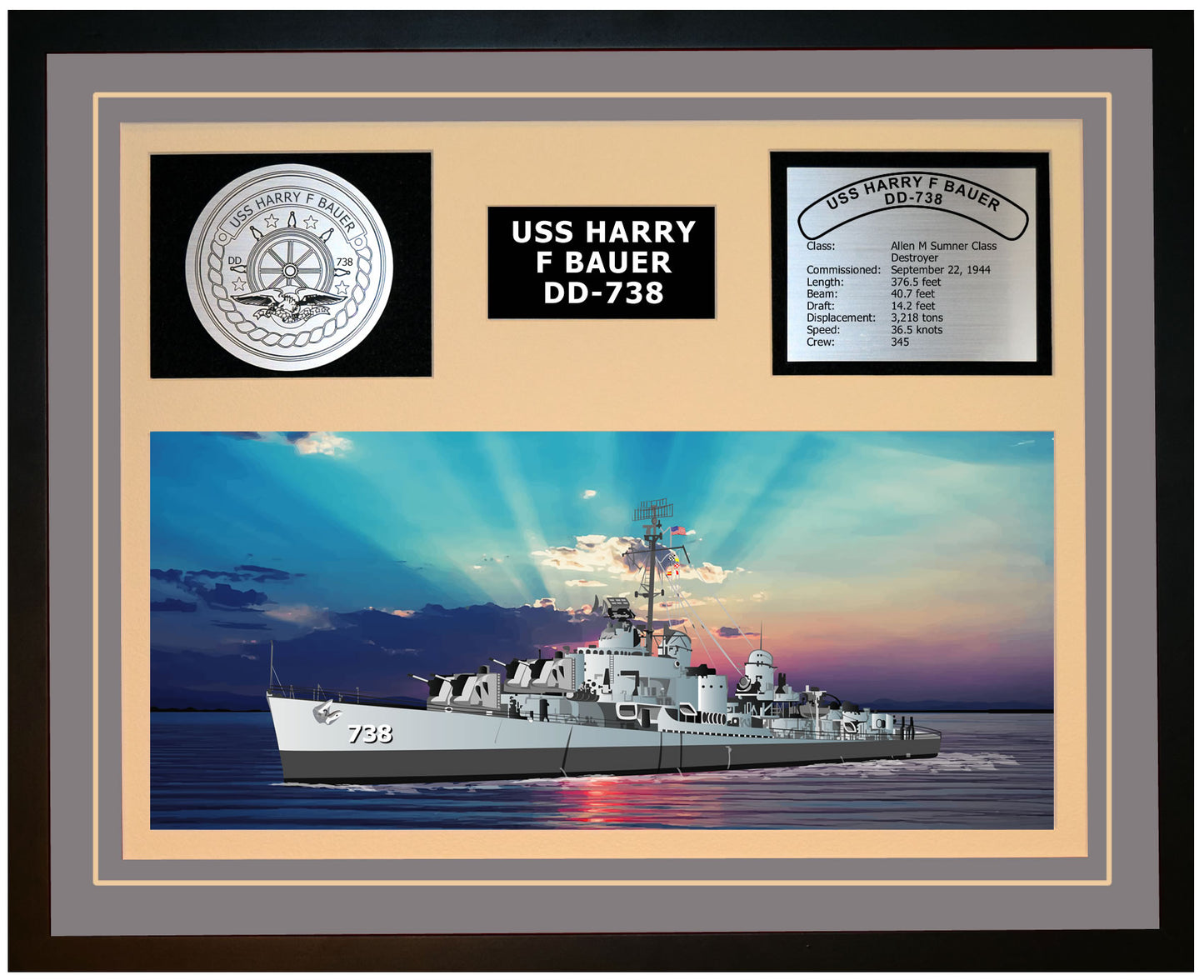 USS HARRY F BAUER DD-738 Framed Navy Ship Display Grey