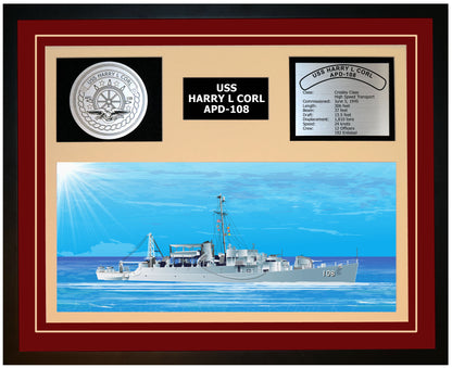USS HARRY L CORL -108 Framed Navy Ship Display Burgundy
