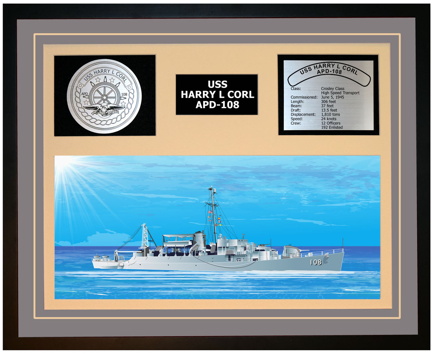 USS HARRY L CORL -108 Framed Navy Ship Display Grey