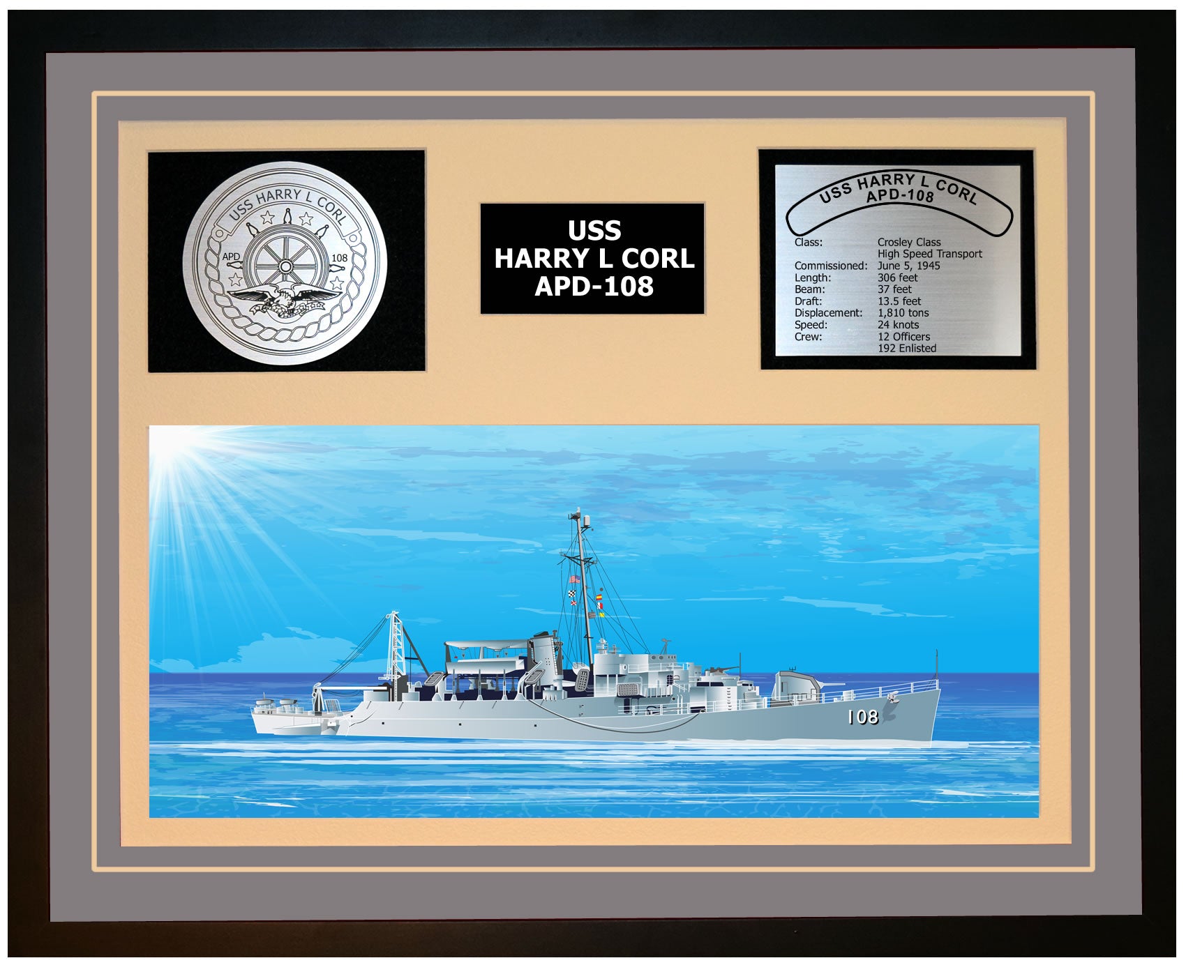 USS HARRY L CORL -108 Framed Navy Ship Display Grey