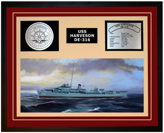 USS HARVESON DE-316 Framed Navy Ship Display Burgundy