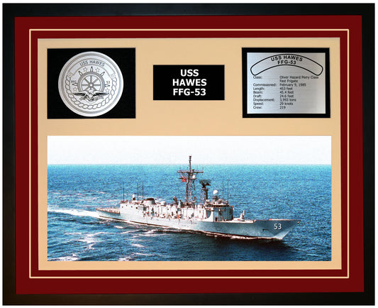 USS HAWES FFG-53 Framed Navy Ship Display Burgundy