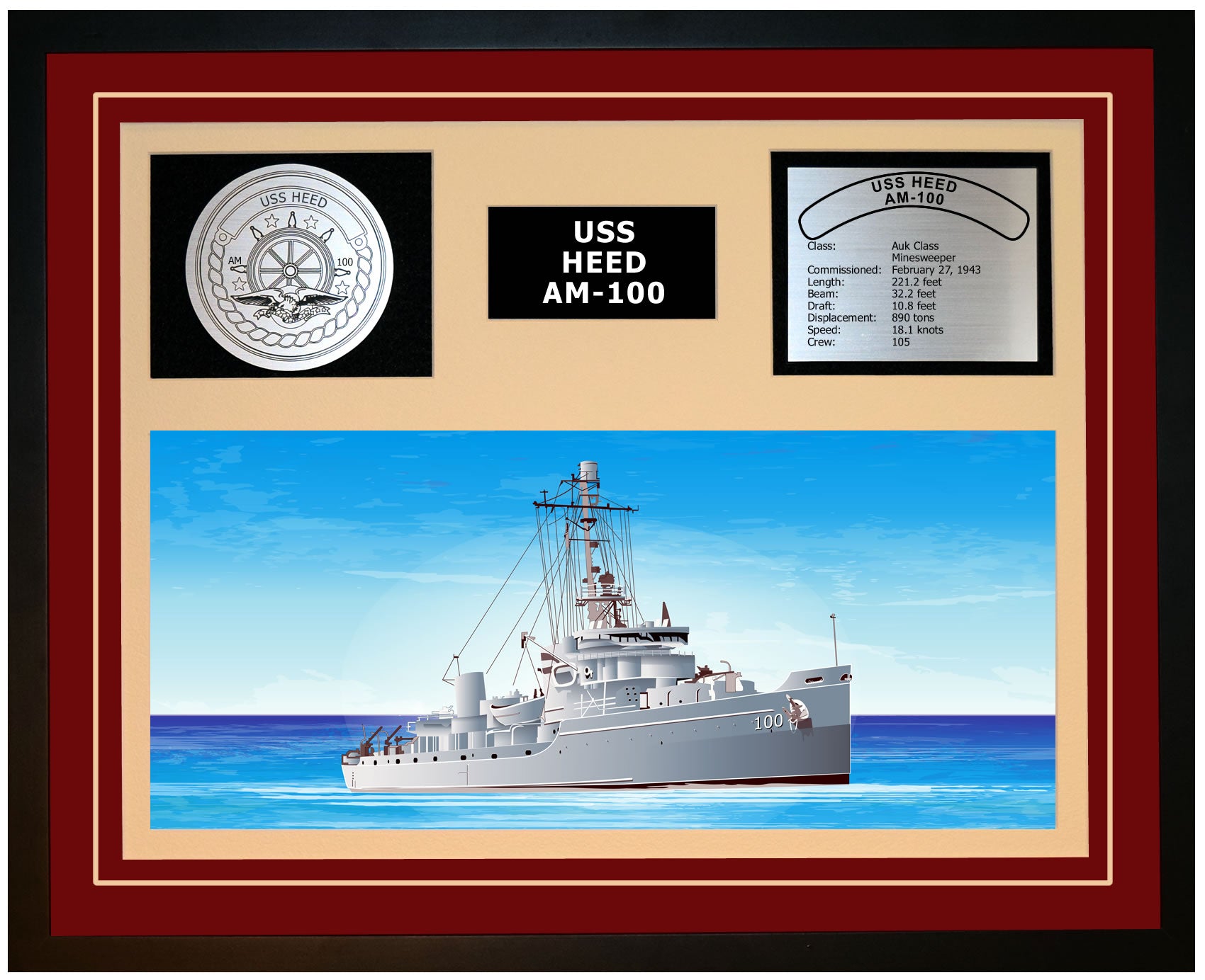 USS HEED AM-100 Framed Navy Ship Display Burgundy