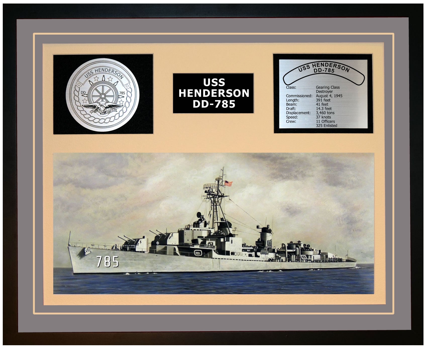USS HENDERSON DD-785 Framed Navy Ship Display Grey