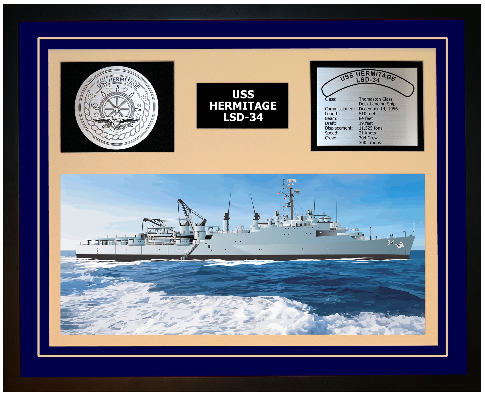 USS HERMITAGE LSD-34 Framed Navy Ship Display Blue