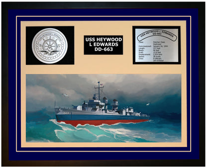 USS HEYWOOD L EDWARDS DD-663 Framed Navy Ship Display Blue