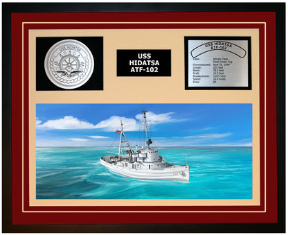 USS HIDATSA ATF-102 Framed Navy Ship Display Burgundy