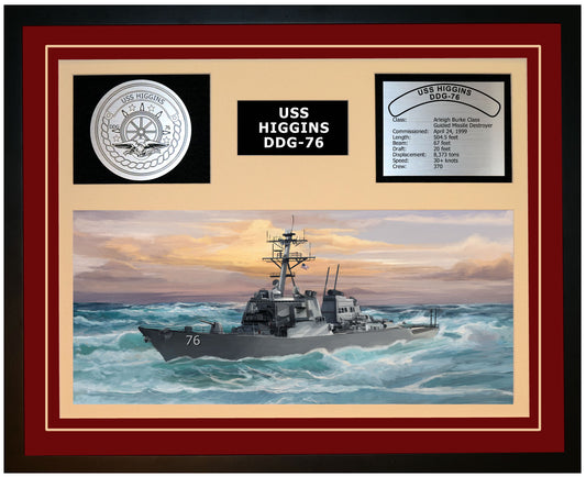 USS HIGGINS DDG-76 Framed Navy Ship Display Burgundy