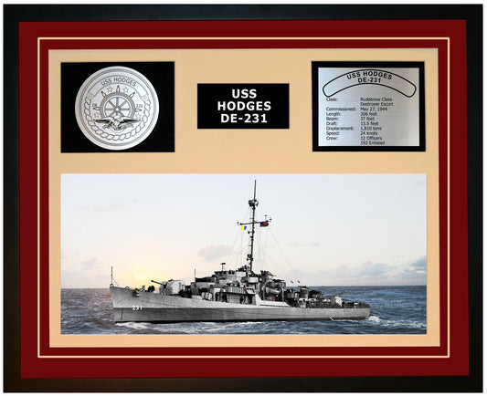 USS HODGES DE-231 Framed Navy Ship Display Burgundy