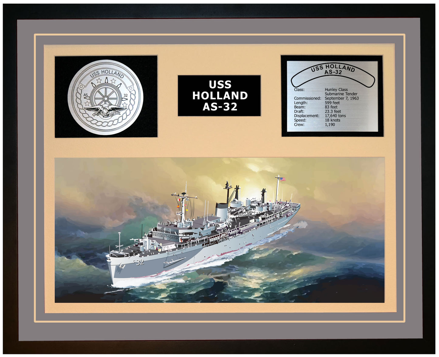 USS HOLLAND AS-32 Framed Navy Ship Display Grey