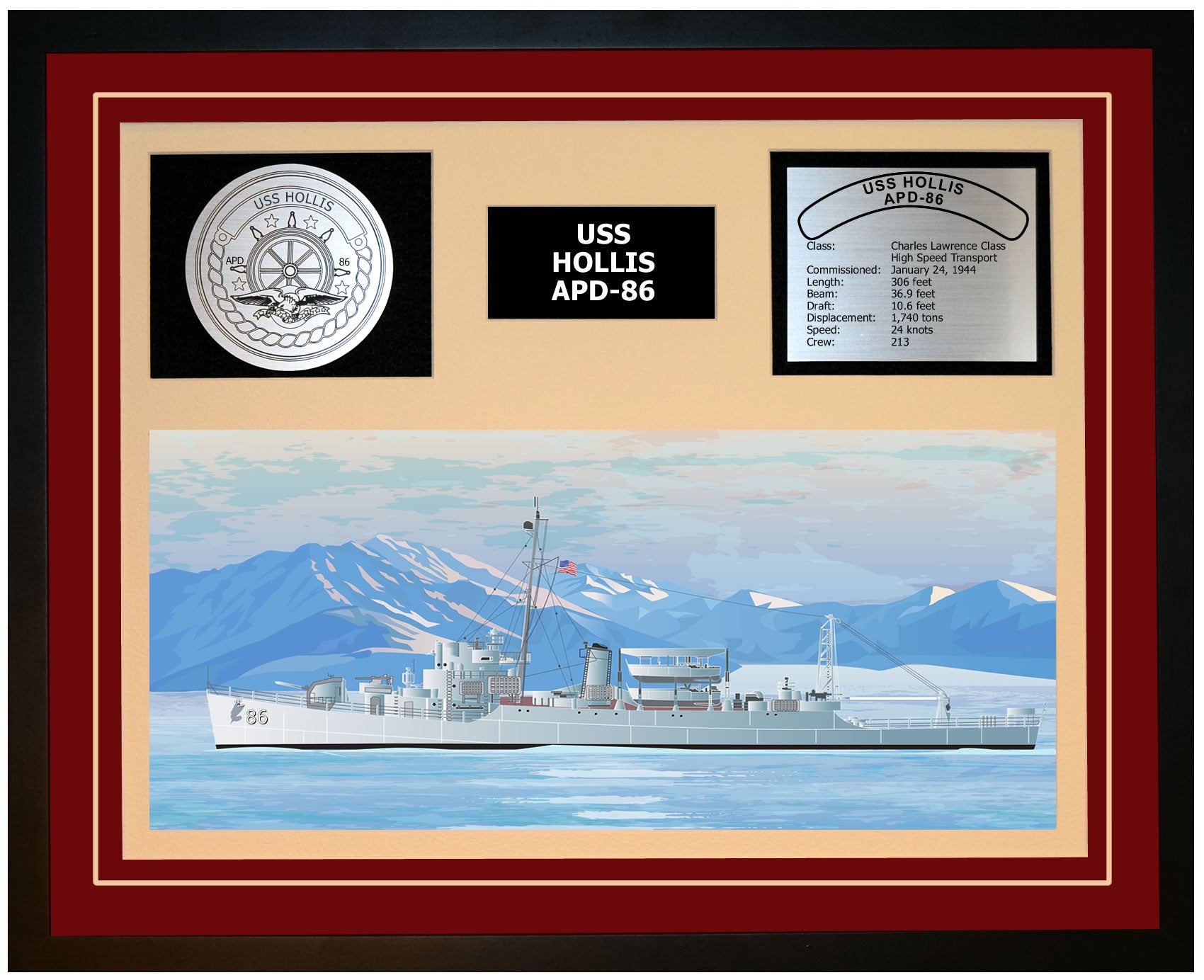 USS HOLLIS APD-86 Framed Navy Ship Display Burgundy