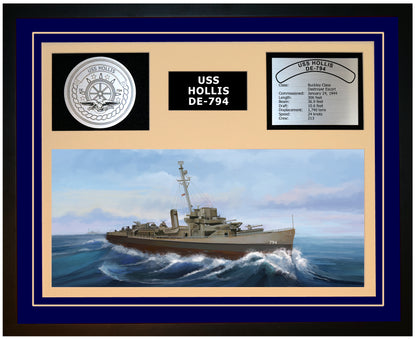 USS HOLLIS DE-794 Framed Navy Ship Display Blue