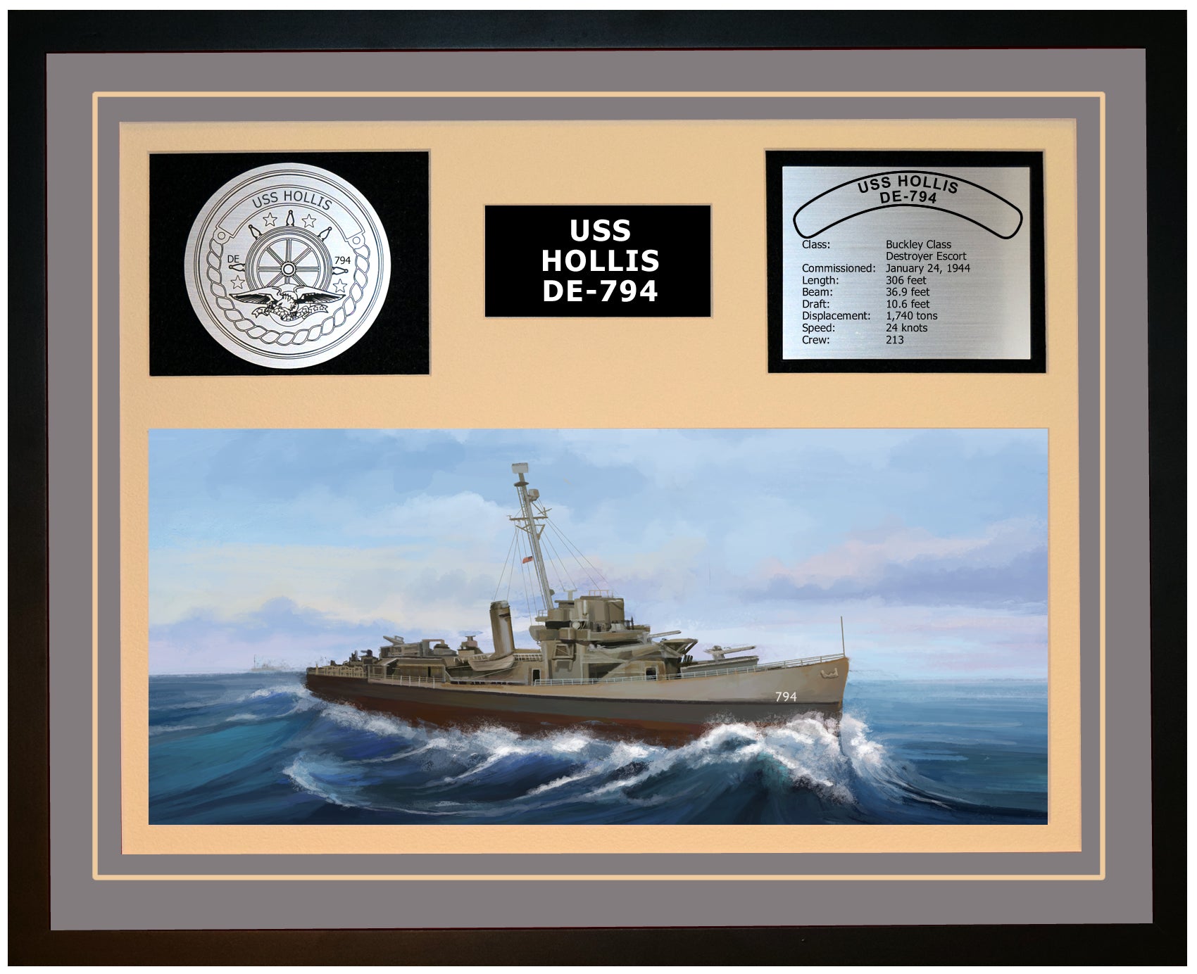 USS HOLLIS DE-794 Framed Navy Ship Display Grey