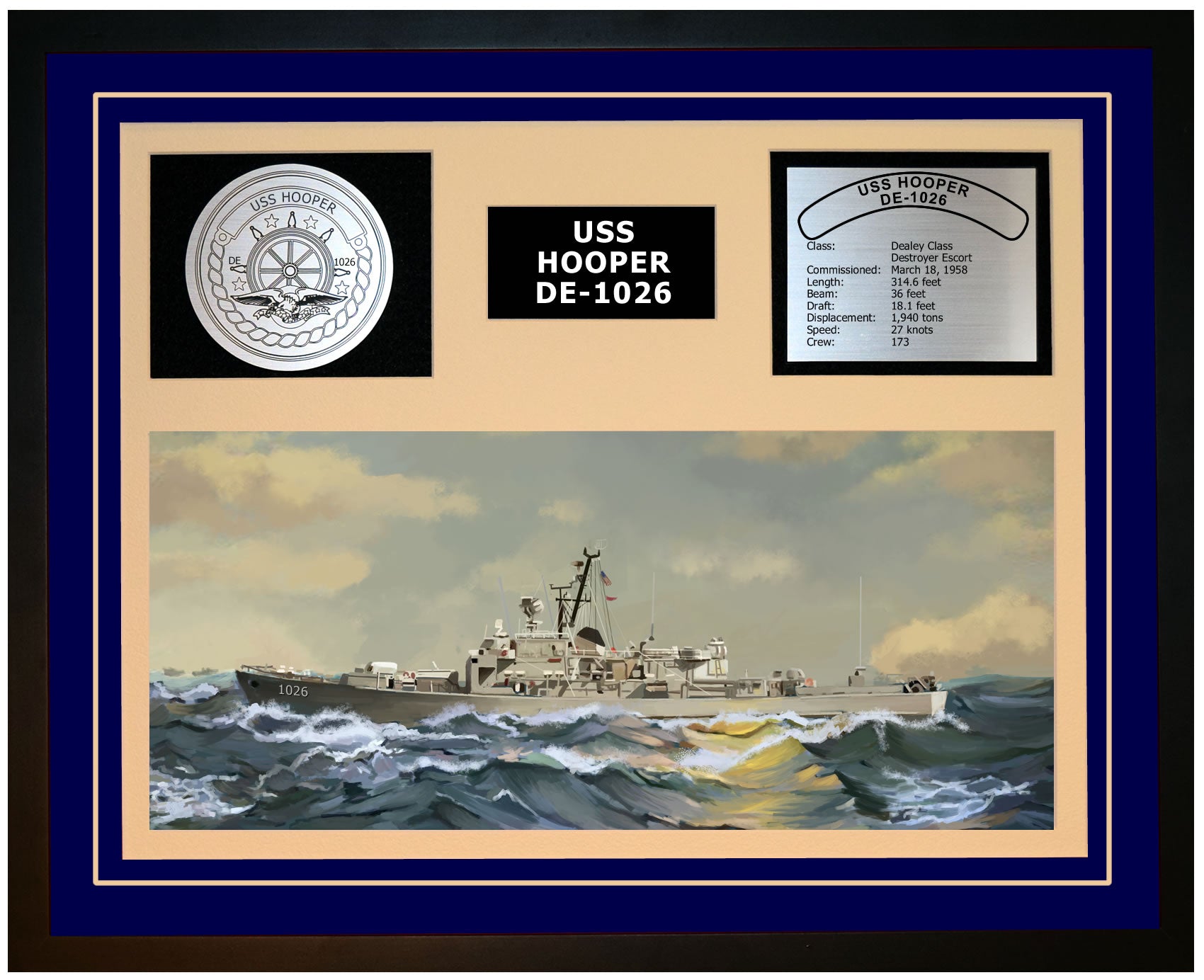 USS HOOPER DE-1026 Framed Navy Ship Display Blue
