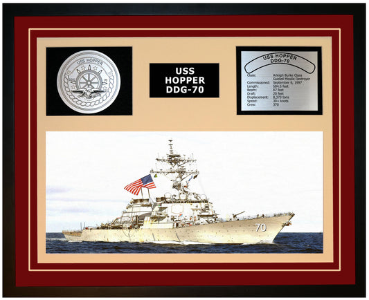 USS HOPPER DDG-70 Framed Navy Ship Display Burgundy