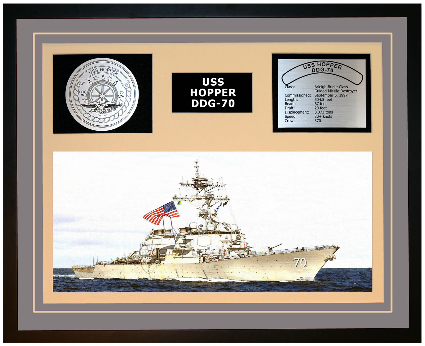 USS HOPPER DDG-70 Framed Navy Ship Display Grey