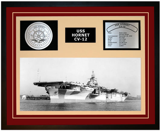 USS HORNET CV-12 Framed Navy Ship Display Burgundy