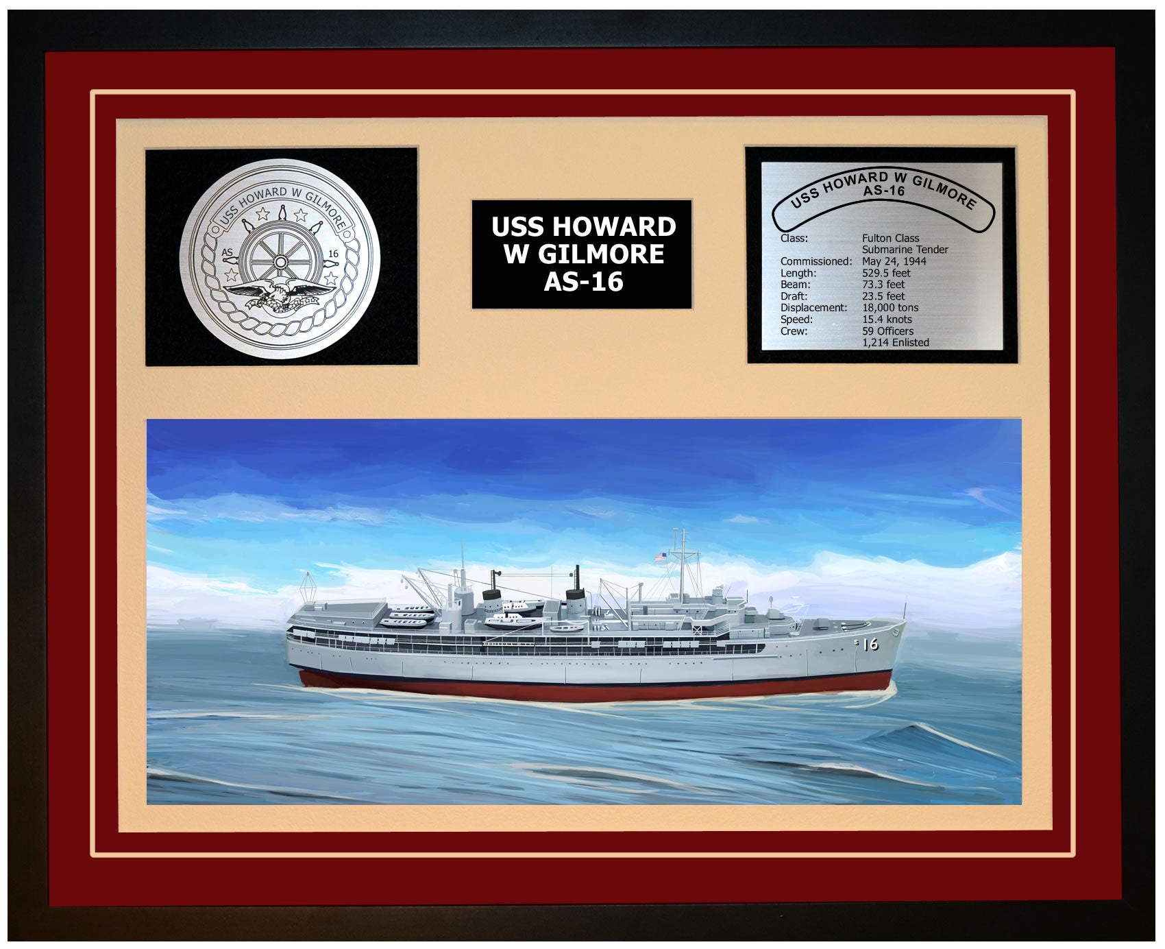 USS HOWARD W GILMORE AS-16 Framed Navy Ship Display Burgundy