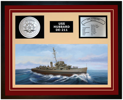 USS HUBBARD DE-211 Framed Navy Ship Display Burgundy