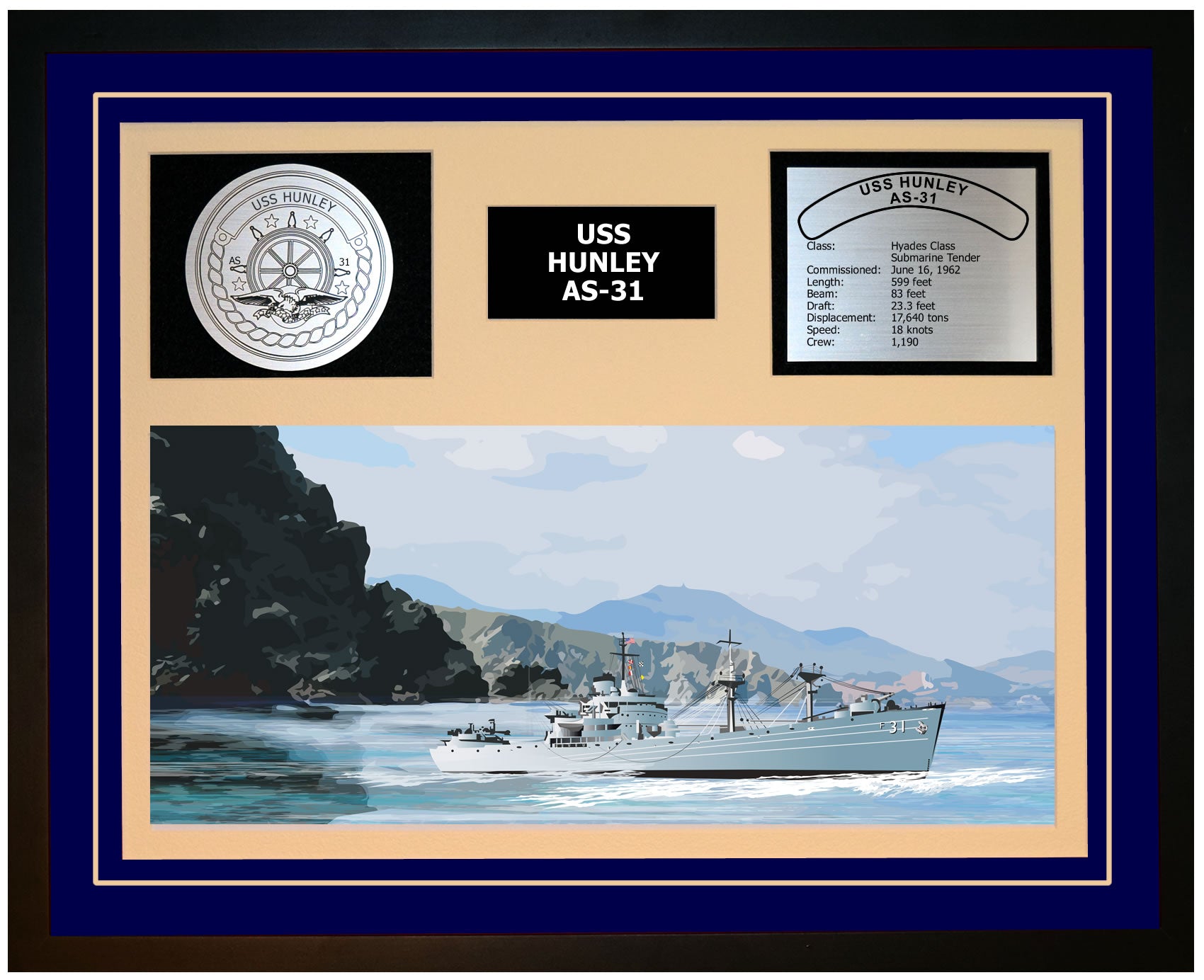 USS HUNLEY AF-31 Framed Navy Ship Display Blue