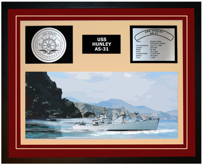 USS HUNLEY AF-31 Framed Navy Ship Display Burgundy