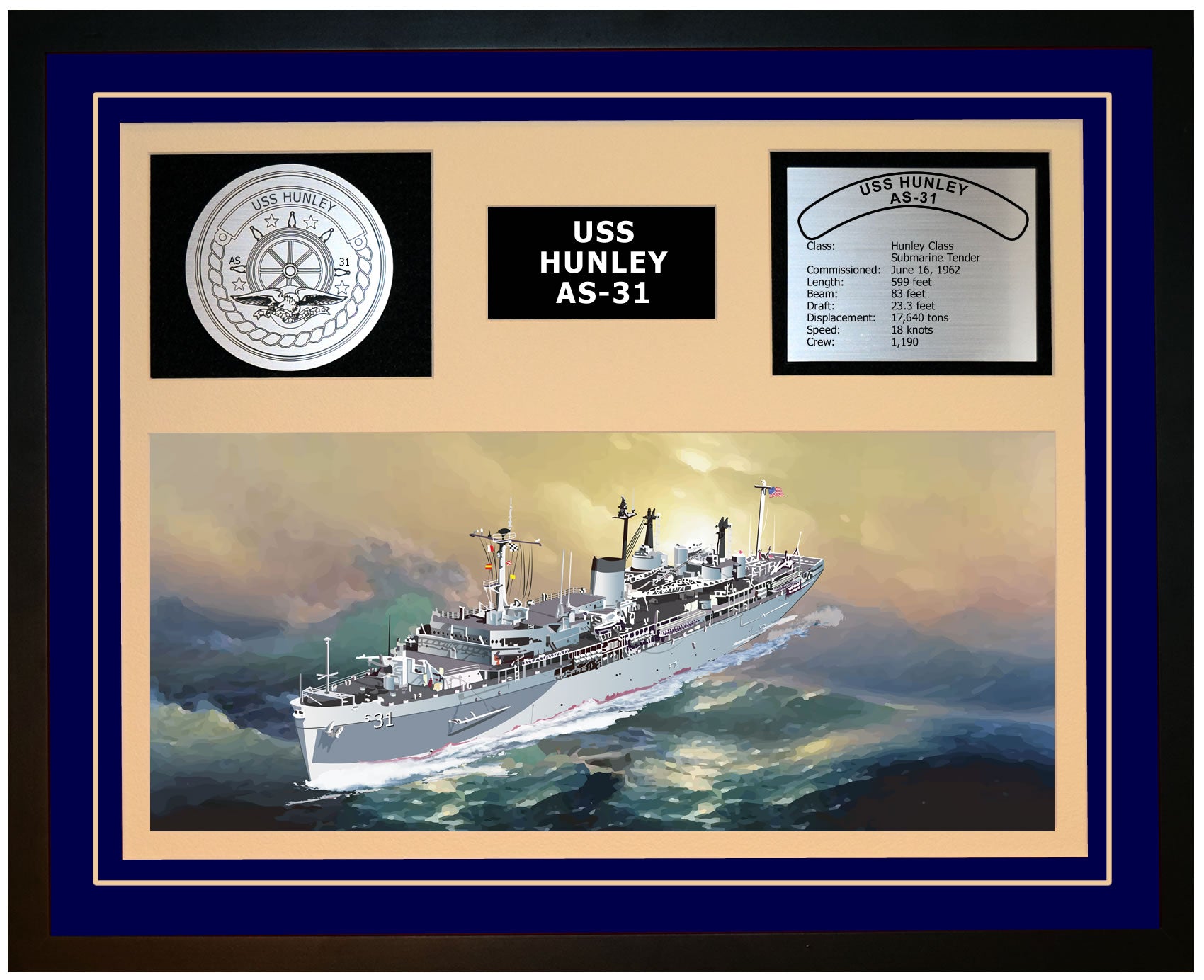USS HUNLEY AS-31 Framed Navy Ship Display Blue