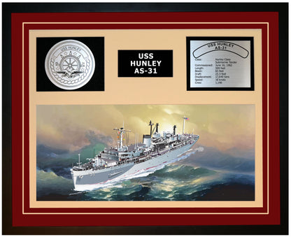 USS HUNLEY AS-31 Framed Navy Ship Display Burgundy