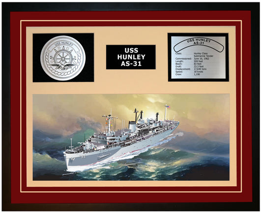 USS HUNLEY AS-31 Framed Navy Ship Display Burgundy