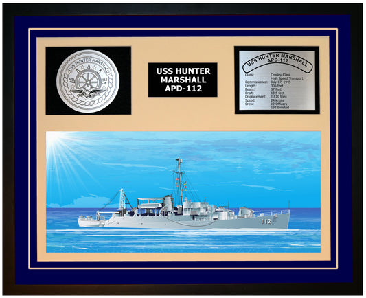 USS HUNTER MARSHALL APD-112 Framed Navy Ship Display Blue