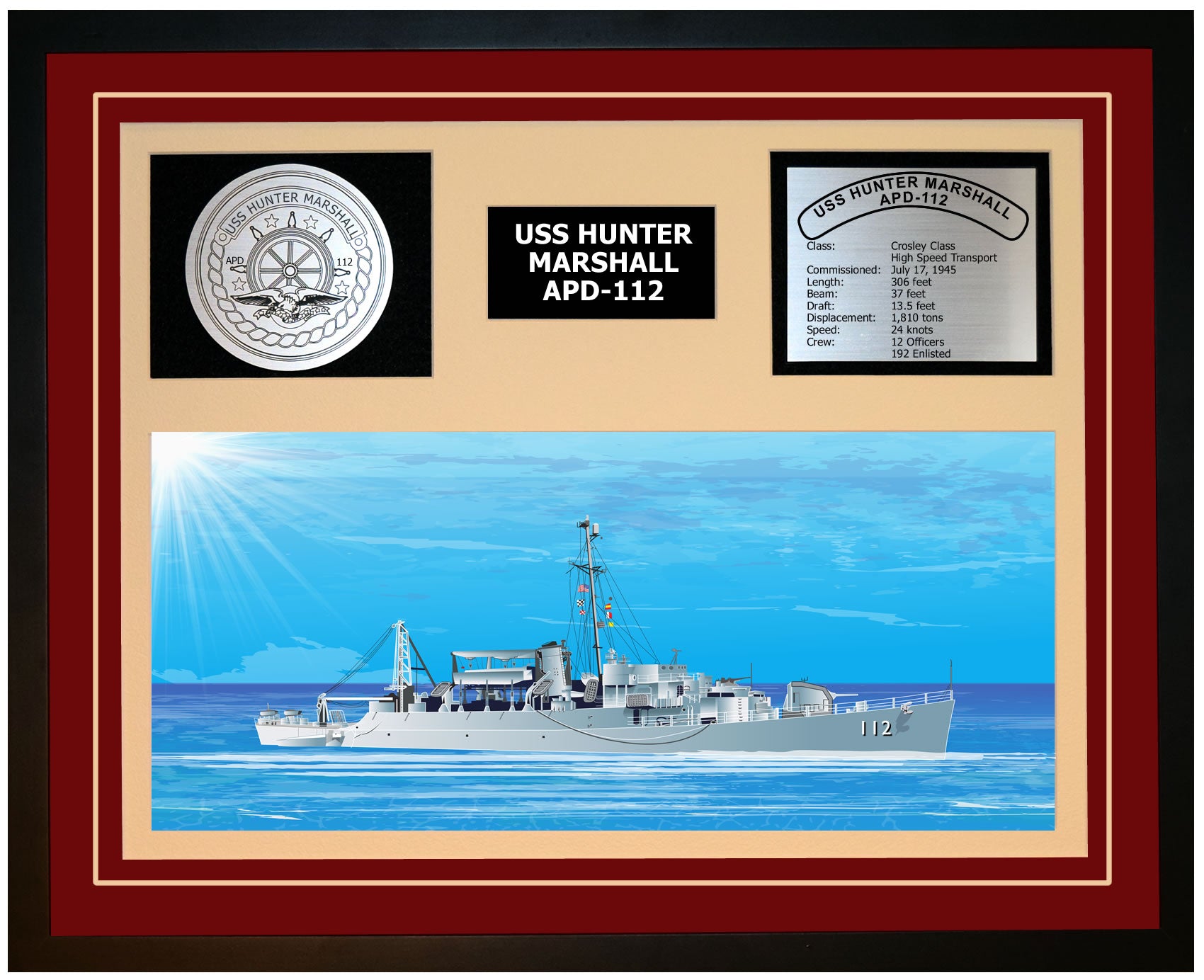 USS HUNTER MARSHALL APD-112 Framed Navy Ship Display Burgundy