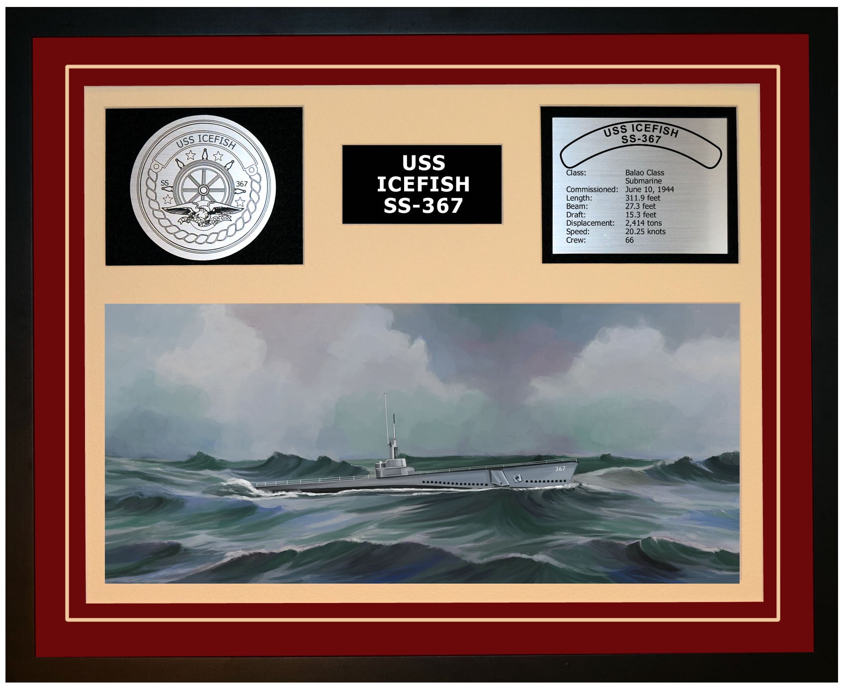 USS ICEFISH SS-367 Framed Navy Ship Display Burgundy